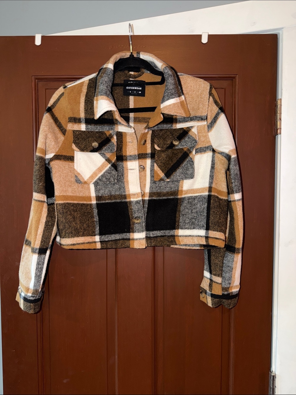 Ashley Outerwear Cropped Plaid Shacket - Camel, Black, White, Gray
